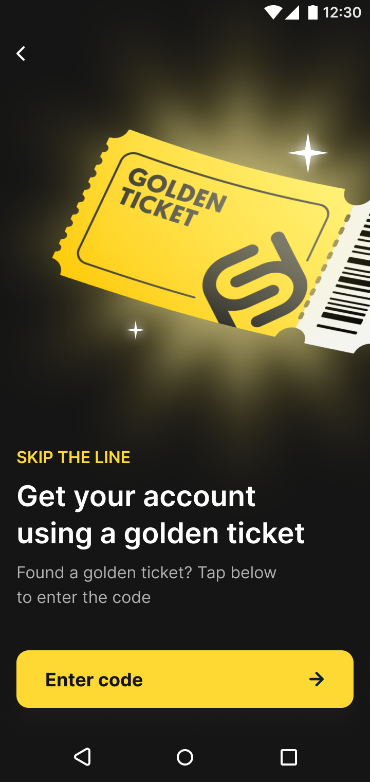 SadaPay Golden Ticket redemption screen. Black background, large 3D gold ticket illustration with SadaPay branding, heading reads Skip the line — Get your account using a golden ticket.
