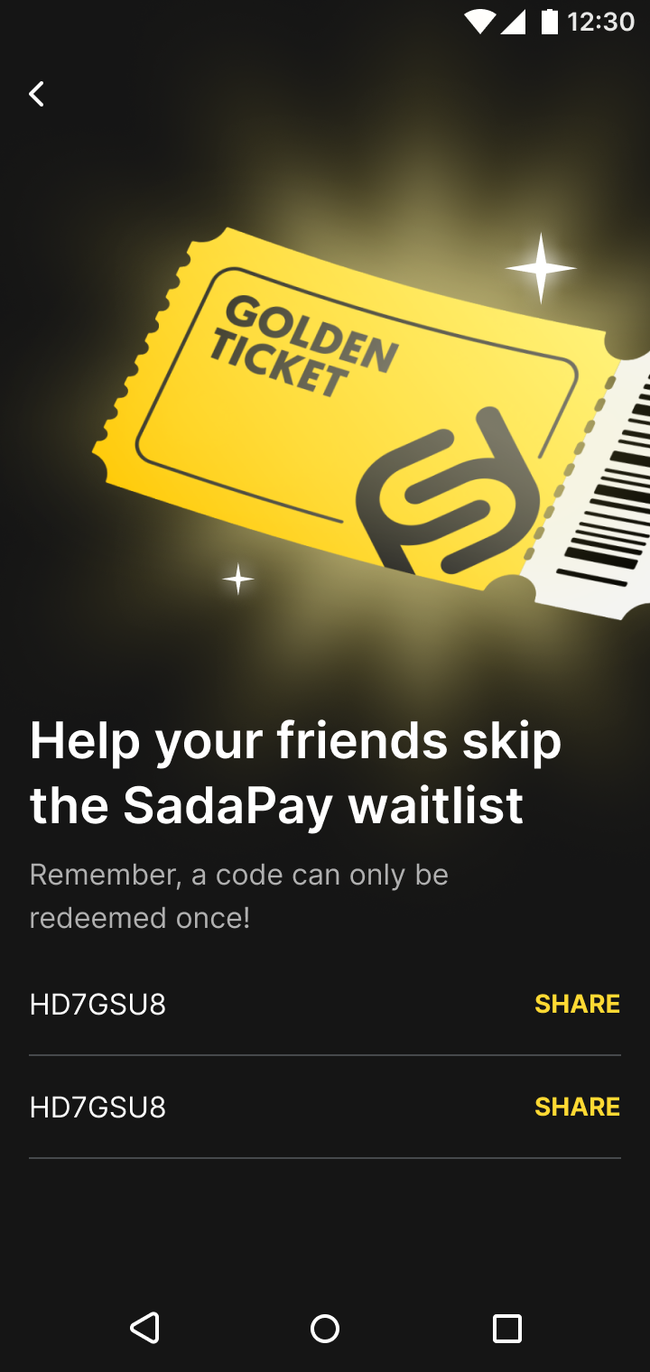 SadaPay Golden Ticket share UI. List of unique alphanumeric codes (HD7GSU8) with SHARE buttons. Heading reads Help your friends skip the SadaPay waitlist. Subtext: Remember, a code can only be redeemed once.