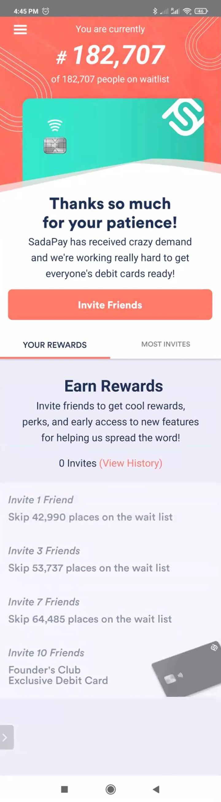 SadaPay waitlist v1 — 2021. Uniform peach hero, text-heavy reward tiers, gray Founder's Club card preview.