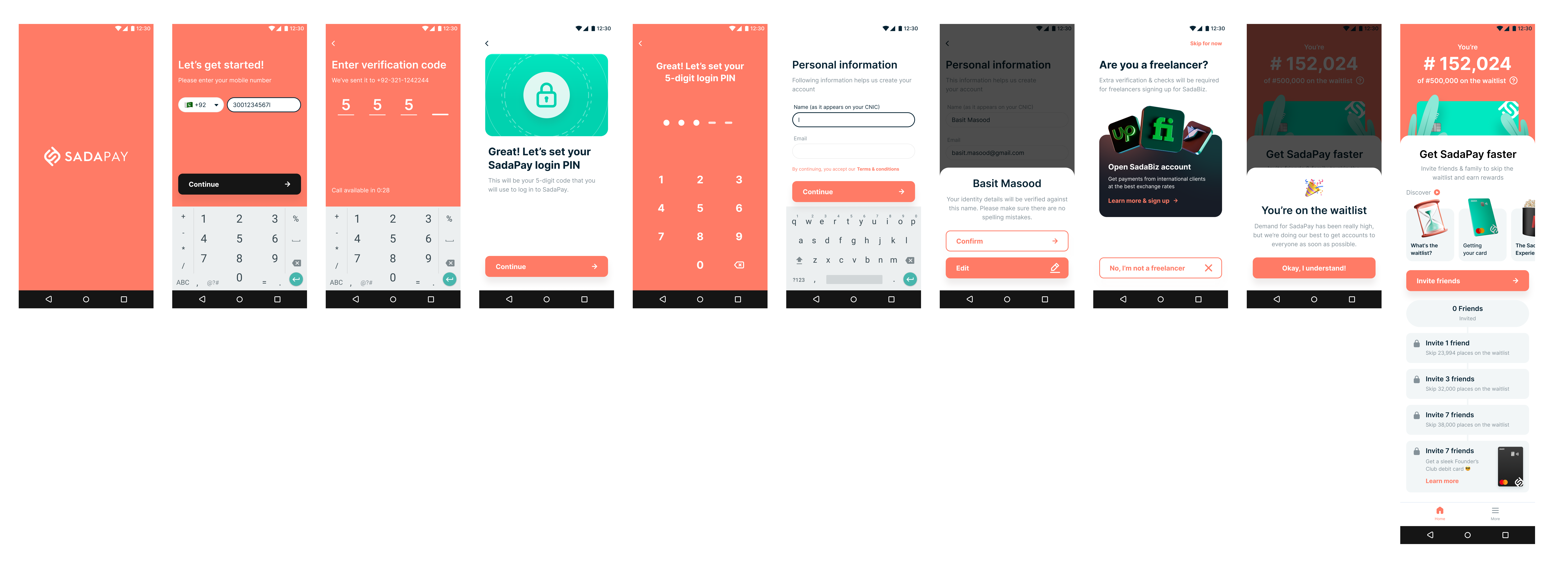The full 11-screen SadaPay pre-launch onboarding funnel: Splash, Phone number, Verification code, Set PIN illustration, PIN entry, Confirm PIN, Personal info, Personal info confirm, Are you a freelancer SadaBiz upsell, Waitlist landing, and Waitlist scrolled state.