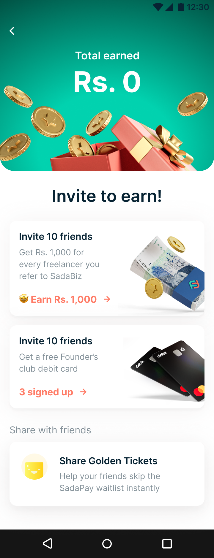 SadaPay SadaBiz referral screen. Green illustration at top. Heading reads Refer freelancers, earn Rs. 1,000. Subtext: They join SadaBiz. You get rewarded.