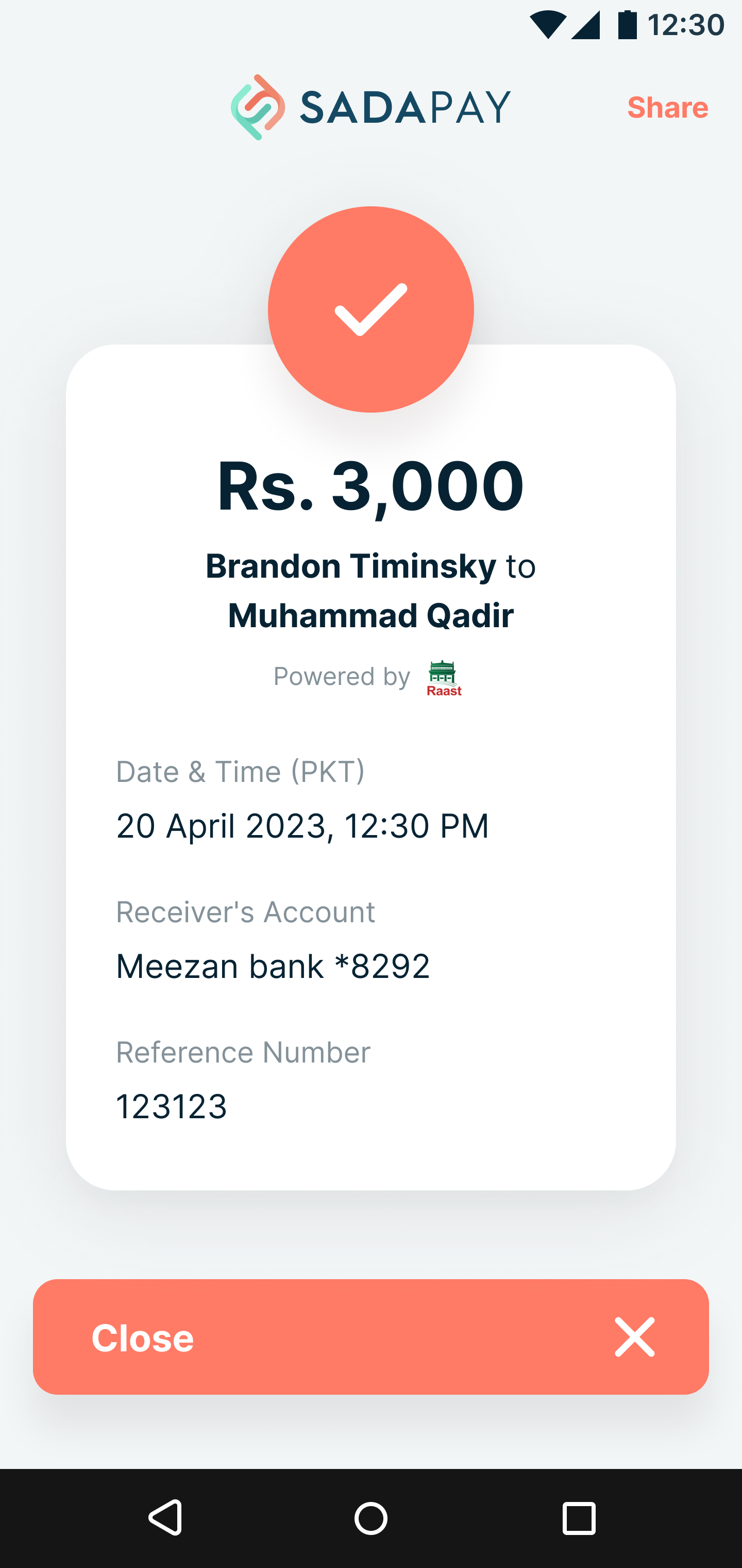 SadaPay send money success