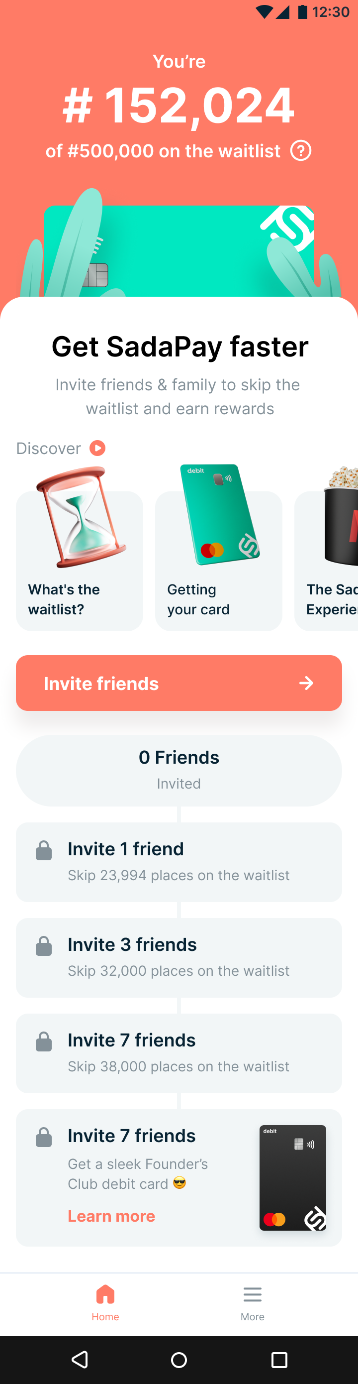 SadaPay waitlist v2 — 2022 refresh. Large typographic position number, locked reward tiers, stories carousel, Founders Club black card preview.